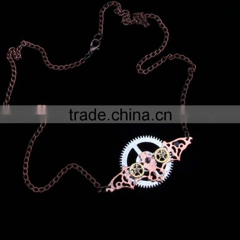 New design steampunk gear bat pendant statement necklace 2015 yiwu fashion imitation jewelry hot sale