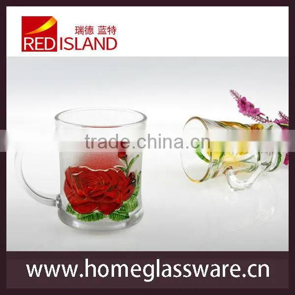 2016 elegant hand painted rose pattern glass tea cup with handle