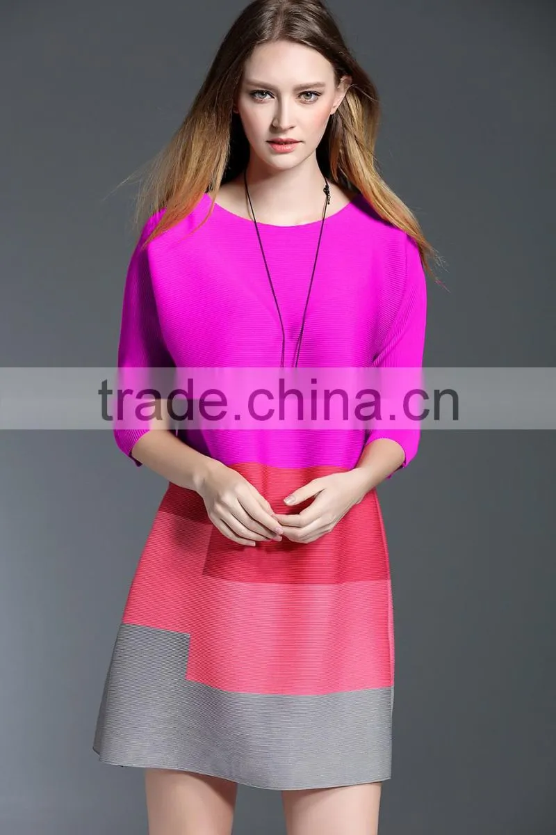 2017 new design ladies striped stitching big size wrinkle dress