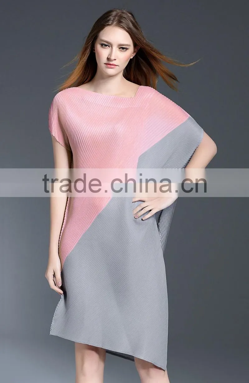 Women pleat trendy high low hem design sloping shoulder dress