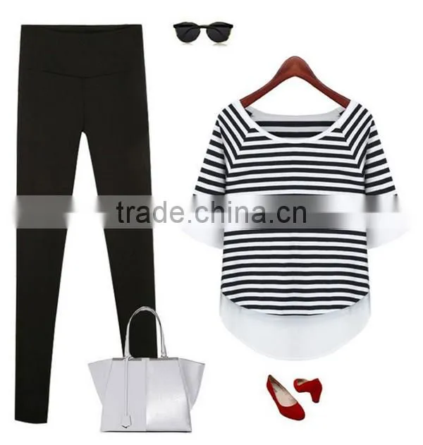 Summer simple latest fashion women Black and white striped lady shirt chiffon fabric chiffon blouse