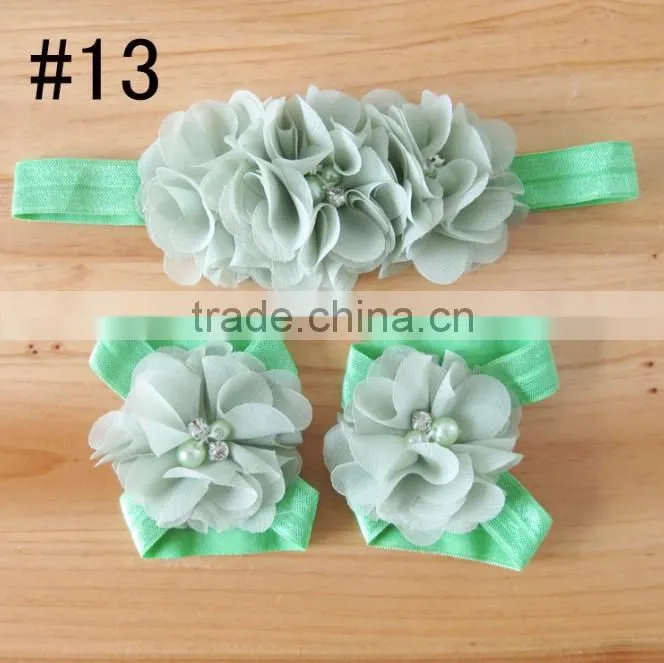 Hot 2014 fashion popular children's hand stitching Chiffon Rhinestone Flower Hair Band foot flower set and baby wrist flower