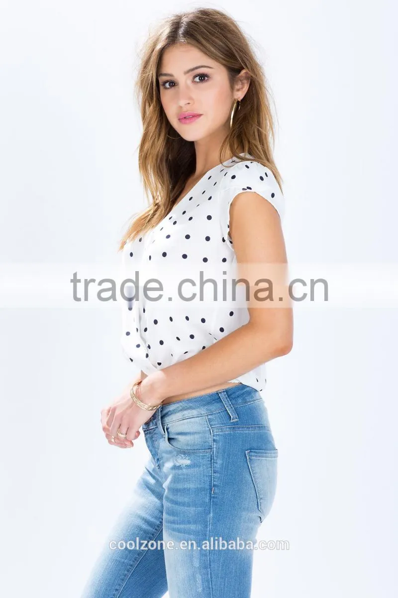 Latest sweet polka dot print crop tops cheap lady blouses
