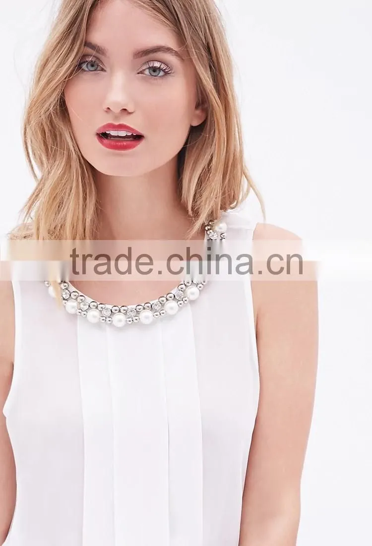 2016 guangzhou shandao oem service summer new design casual chiffon plain dyed women sleeveless pleat tank top with bead