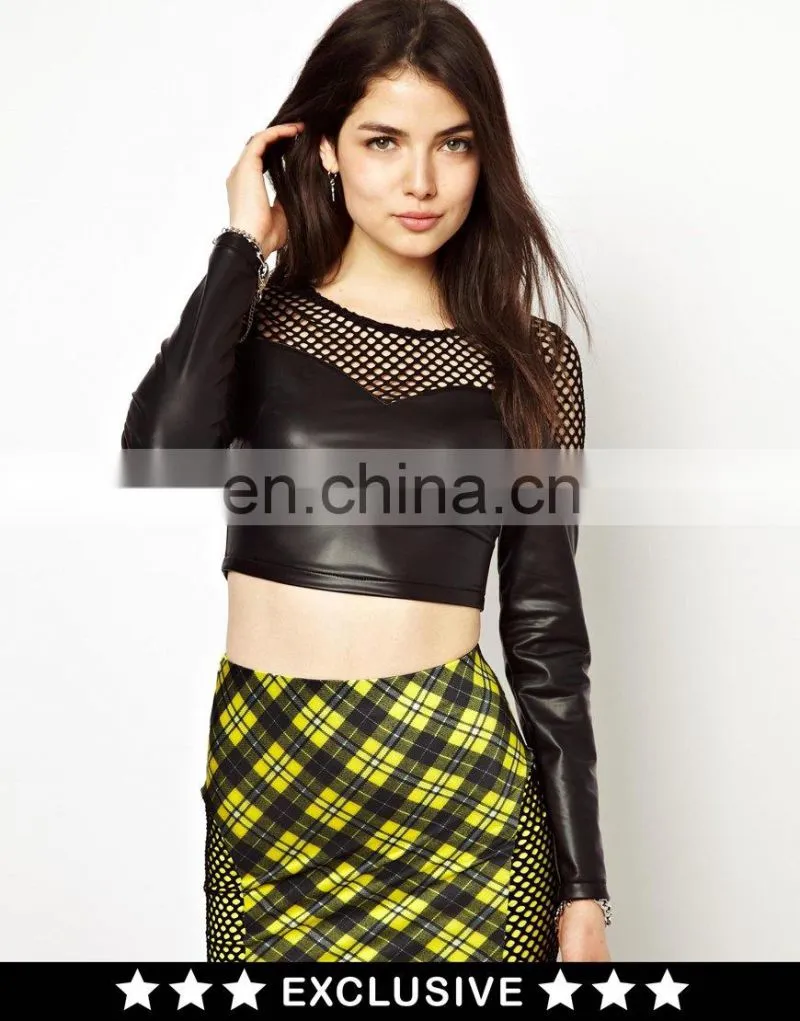 2014 lady's fashion Mesh PU Top