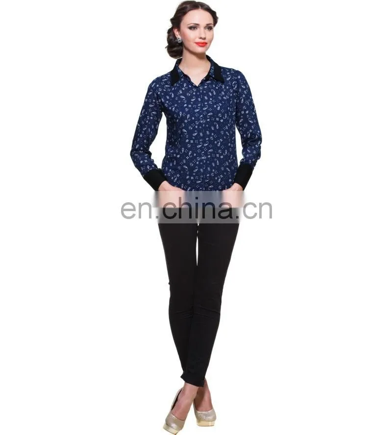 BLUE PRINTED SHIRT WITH CONTRAST COLLAR AND CUFF DESIGNER TOP LADIES NEW DESIGN FASHION TOP