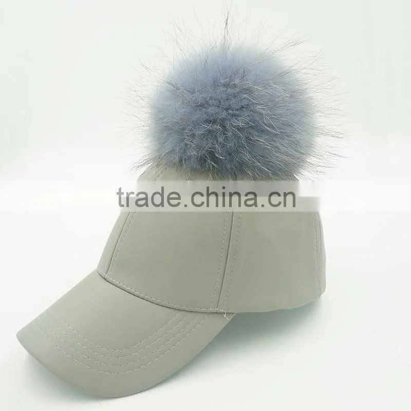 Big genuine raccoon fur ball PU leather baseball caps New 5 panel outdoor waterpoof sport hats