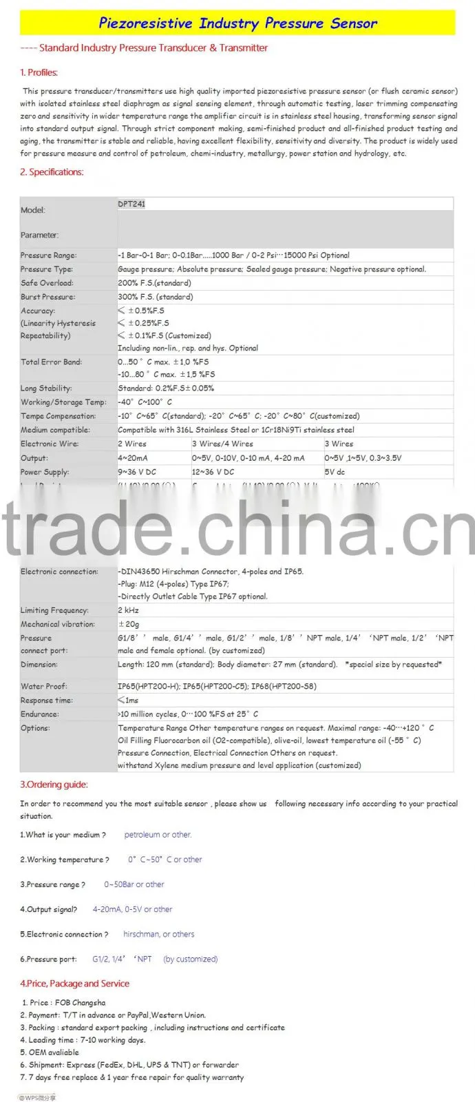 Piezoreresistive Industry Pressure Sensor