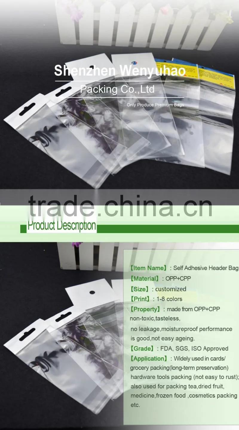 self adhesive cellophane transparent packing bag with printing , lamination material header bag