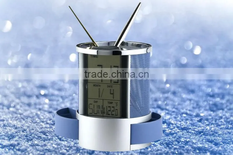 Mesh metal fashion table calendar clock penholder