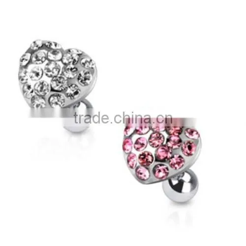 Gem Paved CZ Heart Barbell Cartilage Tragus Piercing