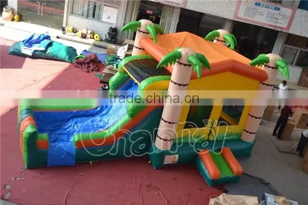 Tropical Inflatable Bounce House with Pool, Palm Tree Bouncy Castle with Water Slide