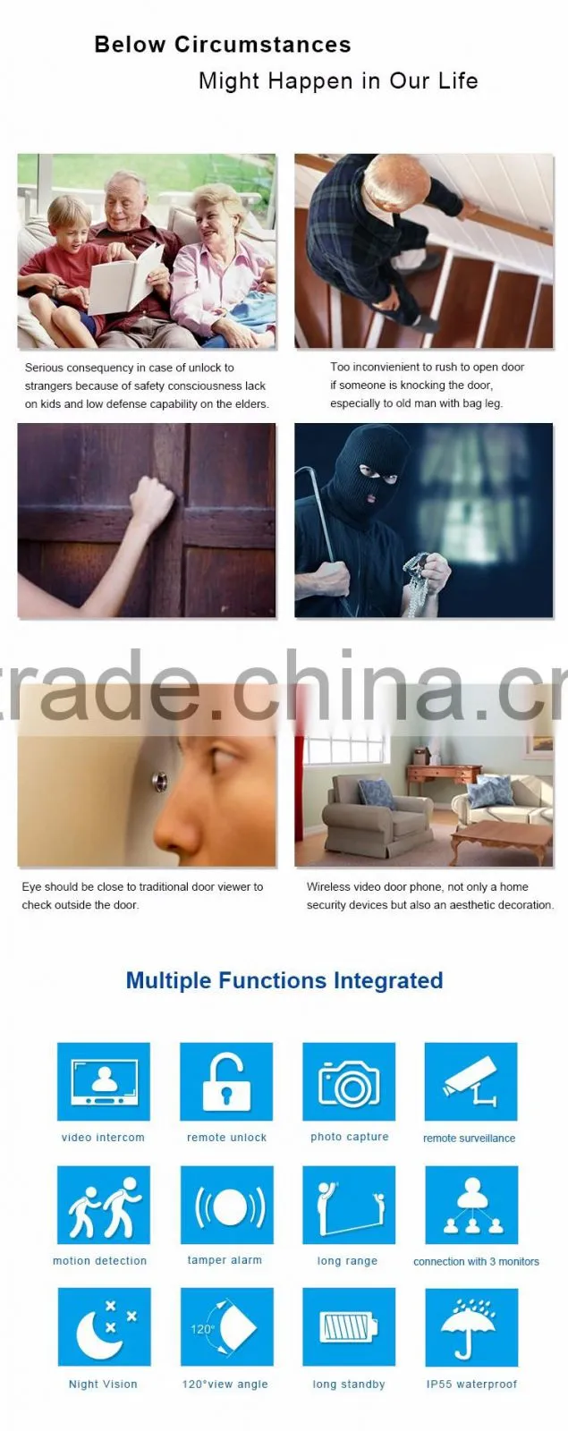 Home Security 1 Camera 3 Monitors Wireless Color Video Doorphone