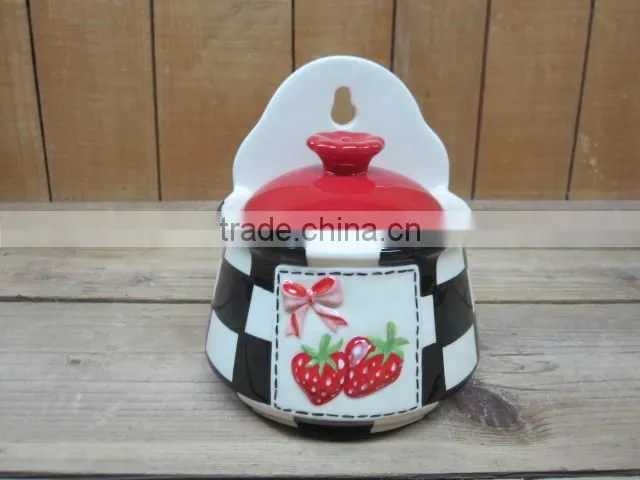 New strawberry emboss ceramic cookie jar with red lid