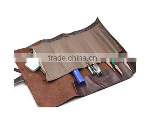 PU Leather Vintage Rollup Style Multiple Purpose Soft Pencil Case Bag
