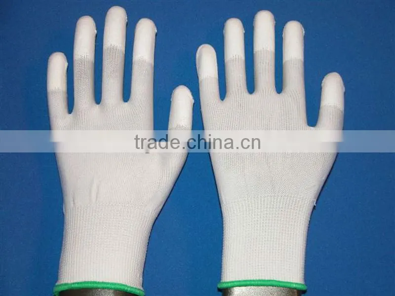 13gauge white nylon gloves fingertips coated with PU