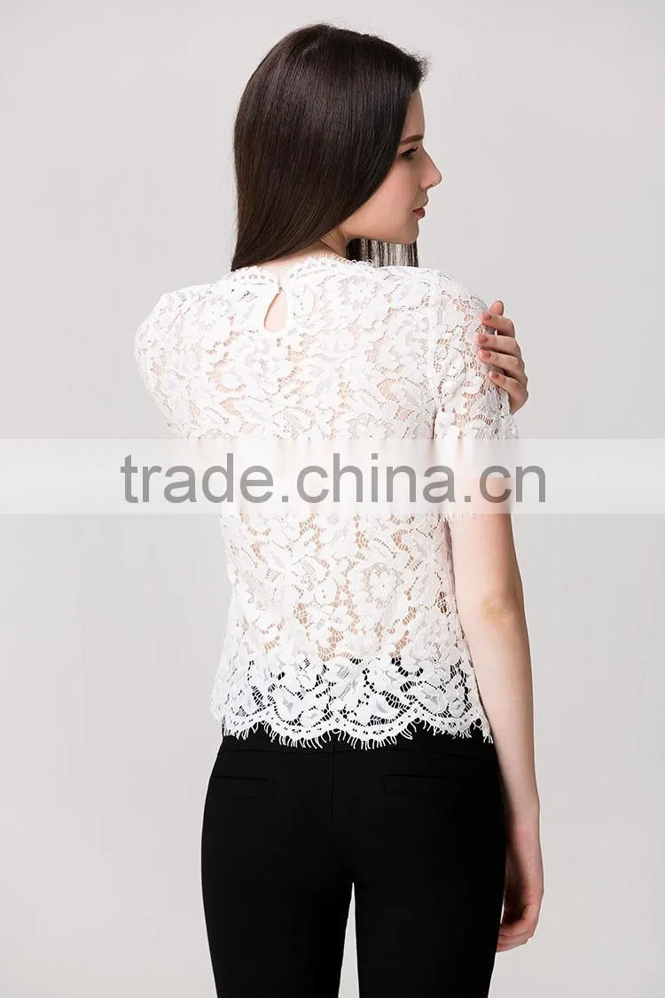 latest summer loose casual white fashion crochet lace blouse for middle aged women