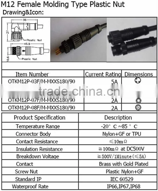 M12 Female molding type plastic nut Waterproof Connector