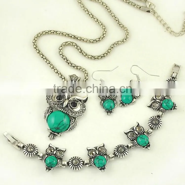 Top Green Red Blue Turquoise CZ Owl Necklace Bracelet Earrings Vintage Silver Jewelry Set