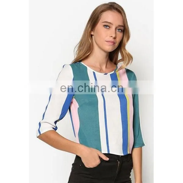 Fashion Design Half Sleeve Stripe Wrap Back Tee Office Elegant Top Woman