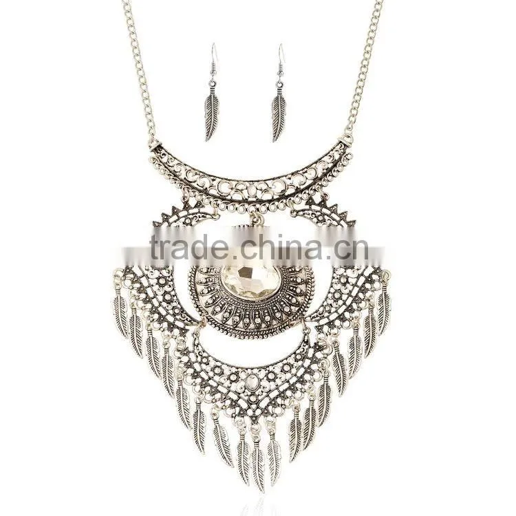 Turkish Jewelry Set Ethnic Antique Silver Choker Necklace With Tassel Leaf Pendant