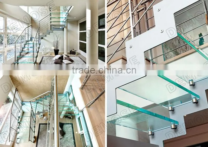 luxurious villa stainless glass handrail led light staircase with wood stair tread