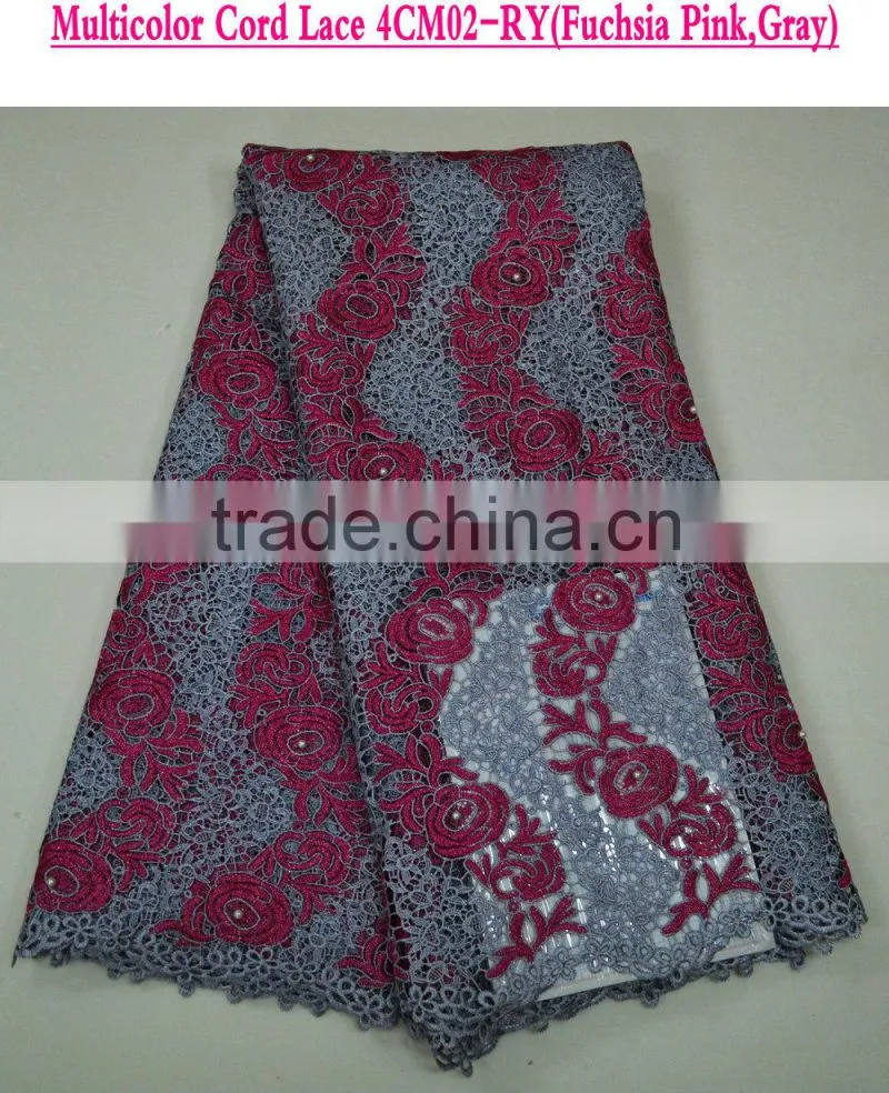 2015 New fashion lace fabric for nigerian party with pearls african cord lace colorful chemical lace