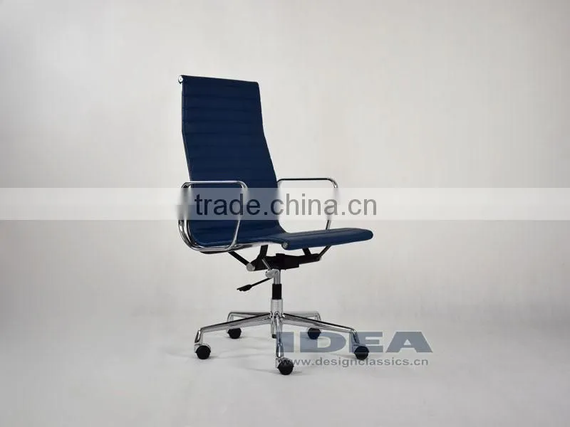 Replica Charles and Ray High Back Ribbed Aluminum Group Desk Chair - Blue Color Genuine Leather