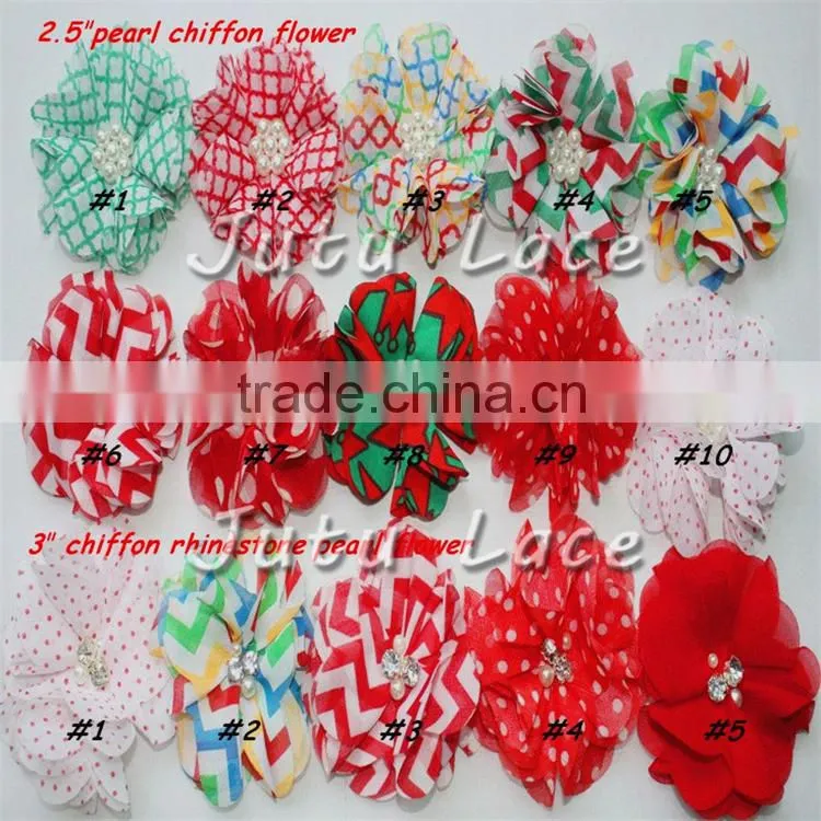 Red Green White Christmas DIY Kit Party Headband Kit -layer satin flower with rhinestone plus crochet elastic headband
