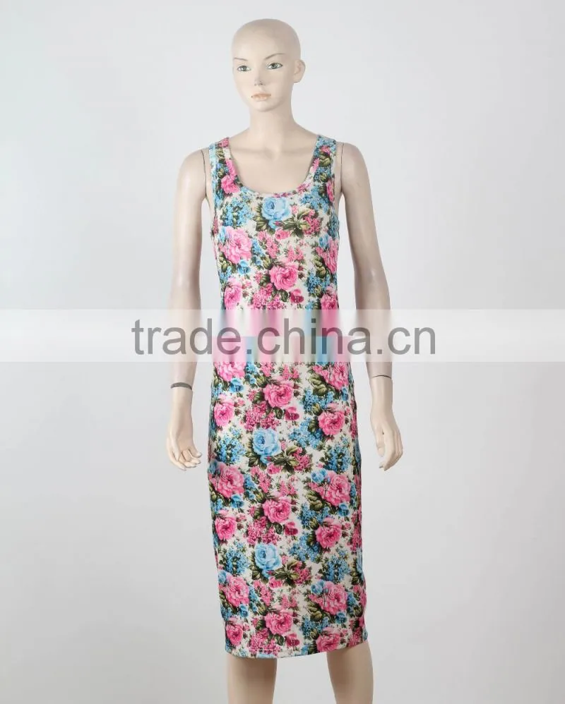 New Style One Piece Long Evening Dress Ladies Sleeveless Floral Printed Night Dress