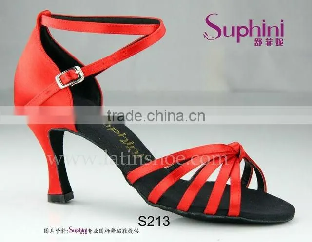 Suphini Ladies Red Satin Black Leather Sole Dance Latin Shoes Wholesale