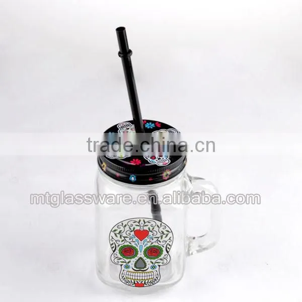 Halloween Smile Skull decal glass mason jar with handle 16oz