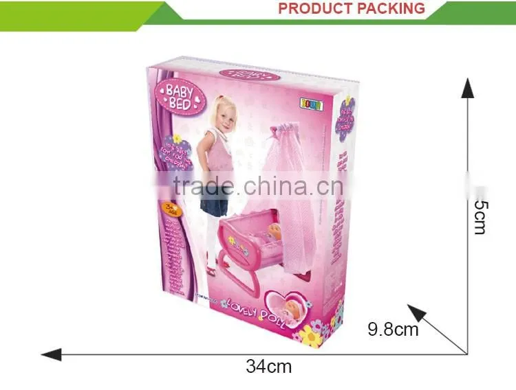 Hot sale kids play at home plastic pink baby doll bed toy