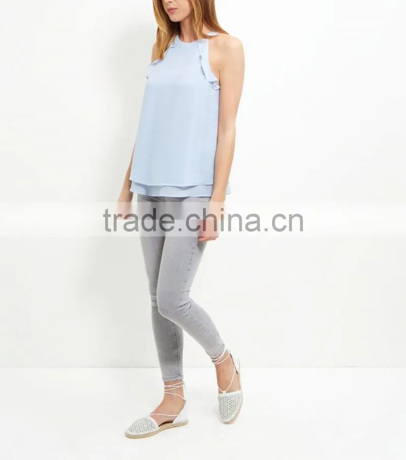 2016 Latest Pale Blue Frill Trim High Neck Halter Cami HST8041