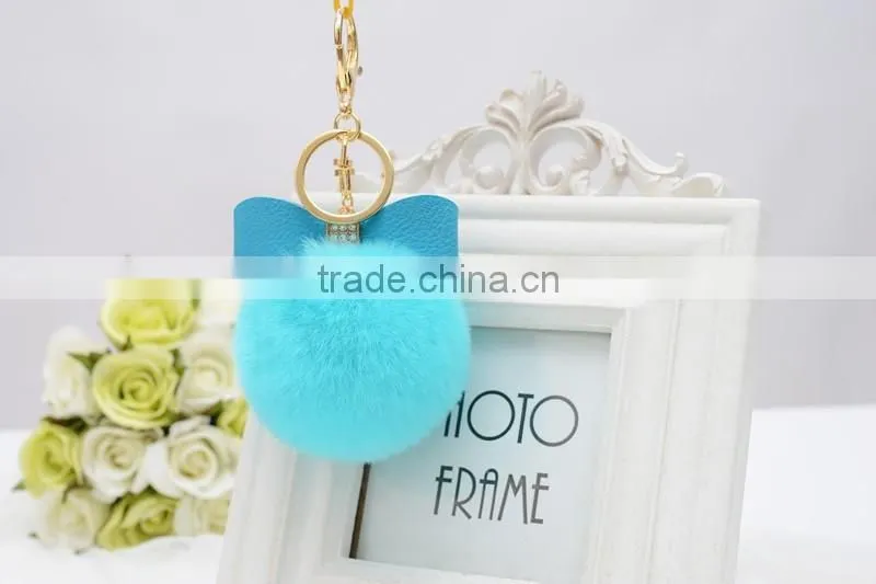 Sweety cute koreal style rex rabbit fur balls keychain with bowknot leather keychain
