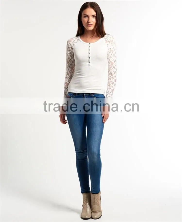 2016 Guangzhou Shandao OEM/ODM Custom Design Casual Long Lace Sleeve Round Neck Bodycon White Cotton Sexy Western Tops Ladies