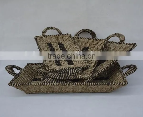 set of 4 rectangular shape handmade seagrass trays with handle