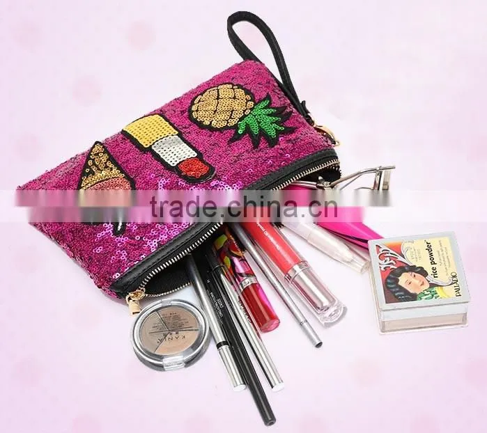high quality glitter cosmetic bag, OEM glitter faux leather cosmetic pouch,ladies glitter clutch bag,ladies leather vanity bag