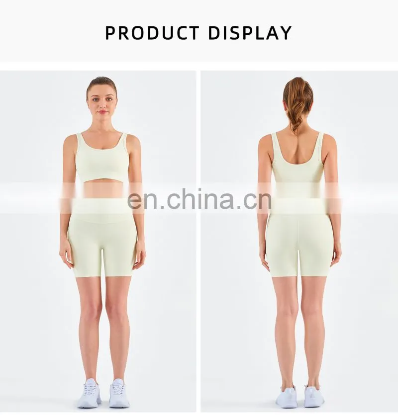 Athletic Ribbed Yoga Fitness Women Square Neckline Sports Bra Biker Shorts Set Gym