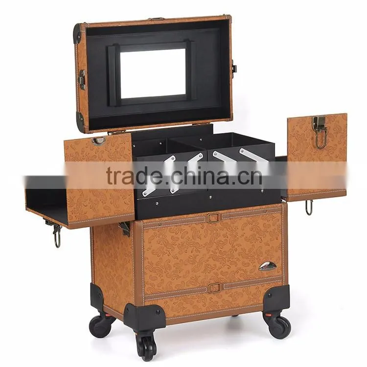 Alibaba New design fashionable makeup organizer cosmetic makeup trolley case with mirror