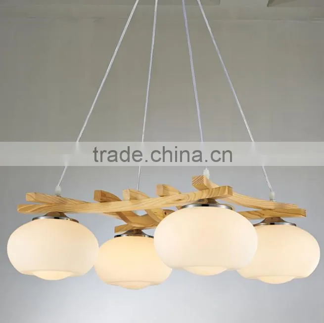 2016 hot sell dinning hall pendant light, hanging wood lamp, glass shade lamp