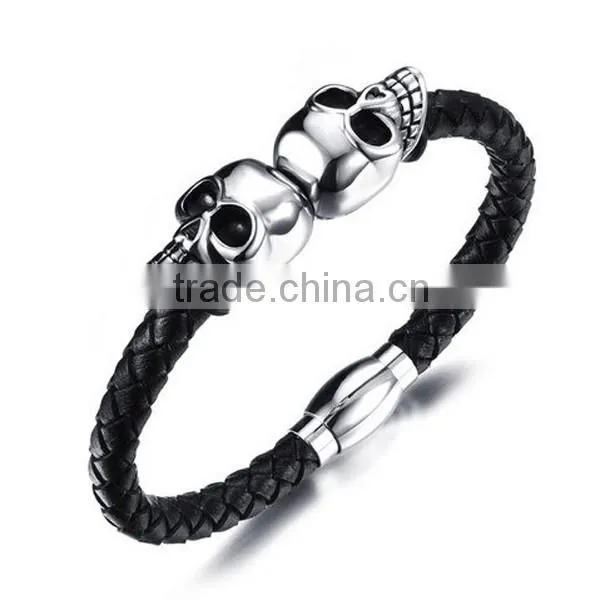 Popular Sell Leather Magnetic Clasp Skull Bracelet Design