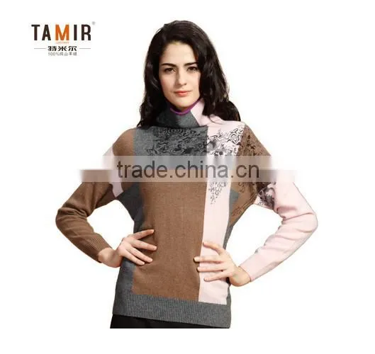 Ladies Cashmere Latest Design Winter Sweater, Ladies Contrast Color High Neck Sweater