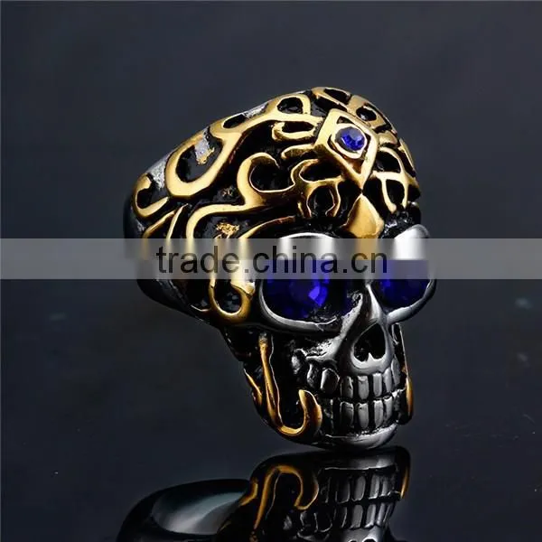 gothic engraved rhinestones surgical stainless steel skull ring for man