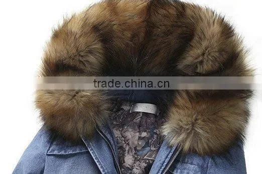 Top Design Women's Fur Hooded Denim Jacket Jeans Coat