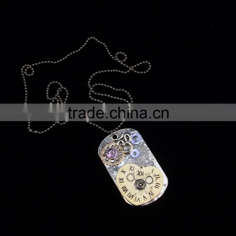 2015 yiwu fashion imitation jewelry hot sale steampunk necklace dog tag gear steam watch pendant cameo statement necklace