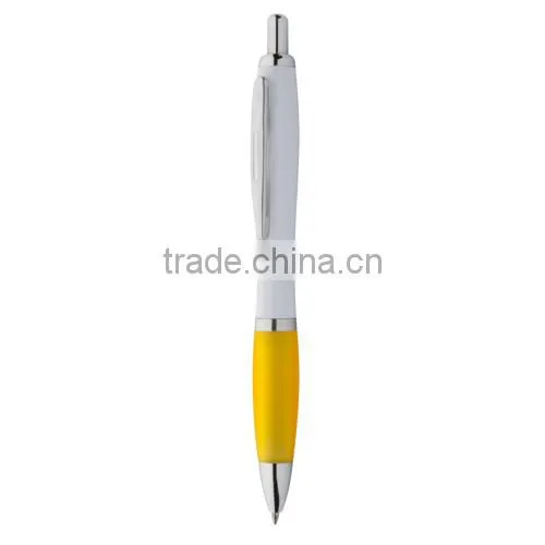 Popular white promotional pen with coloured rubber grip ans shiny chrome parts