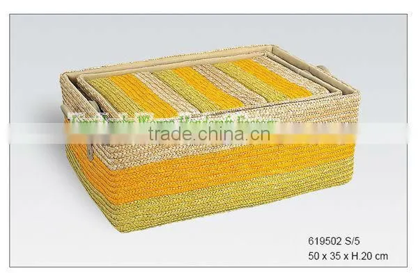 Cheap colored Rectangle straw storage basket with liner and handle