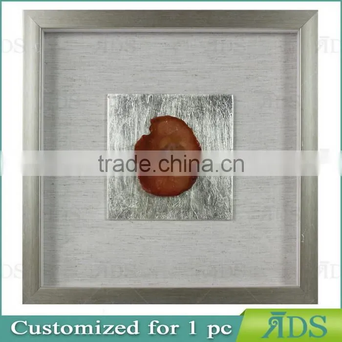 Sliver Shadow Boxes for Wholesale With Mottled Silver Background Encasing Colorful Agate Under Glass