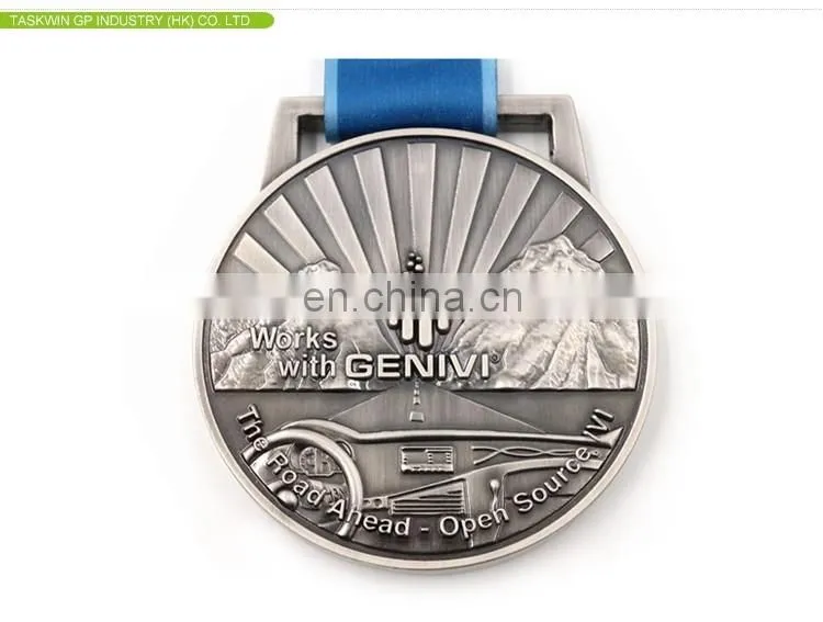 Custom silver plated metal medal with ribbon drape